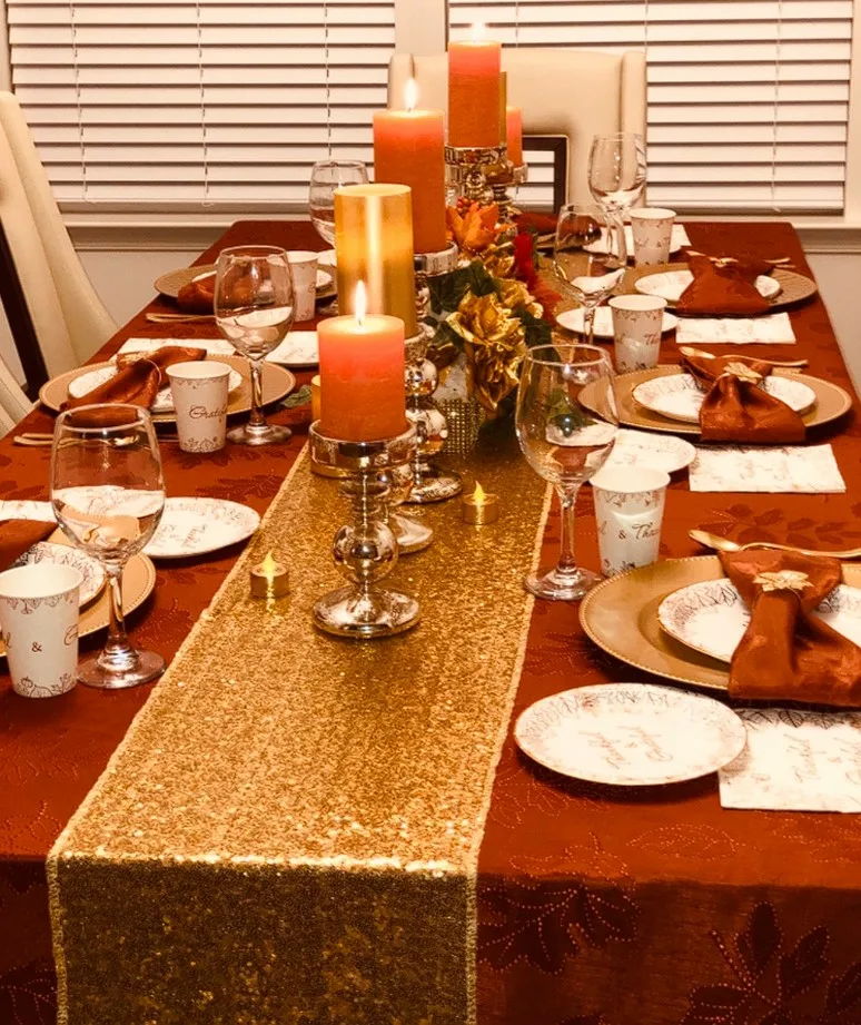 Tablescape Ideas For Fall With Glitered Table Runner With Metal Candle Holders Tablescape Ideas For Fall With Glitered Table Runner With Metal Candle Holders
