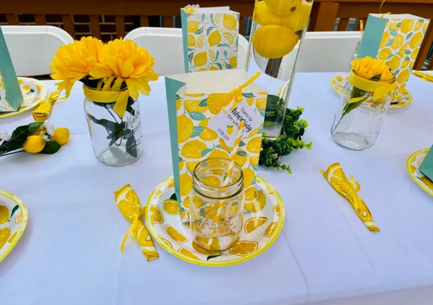 Tablescape Ideas For Summer Lemon Printed Plates And Favor Gift Bags