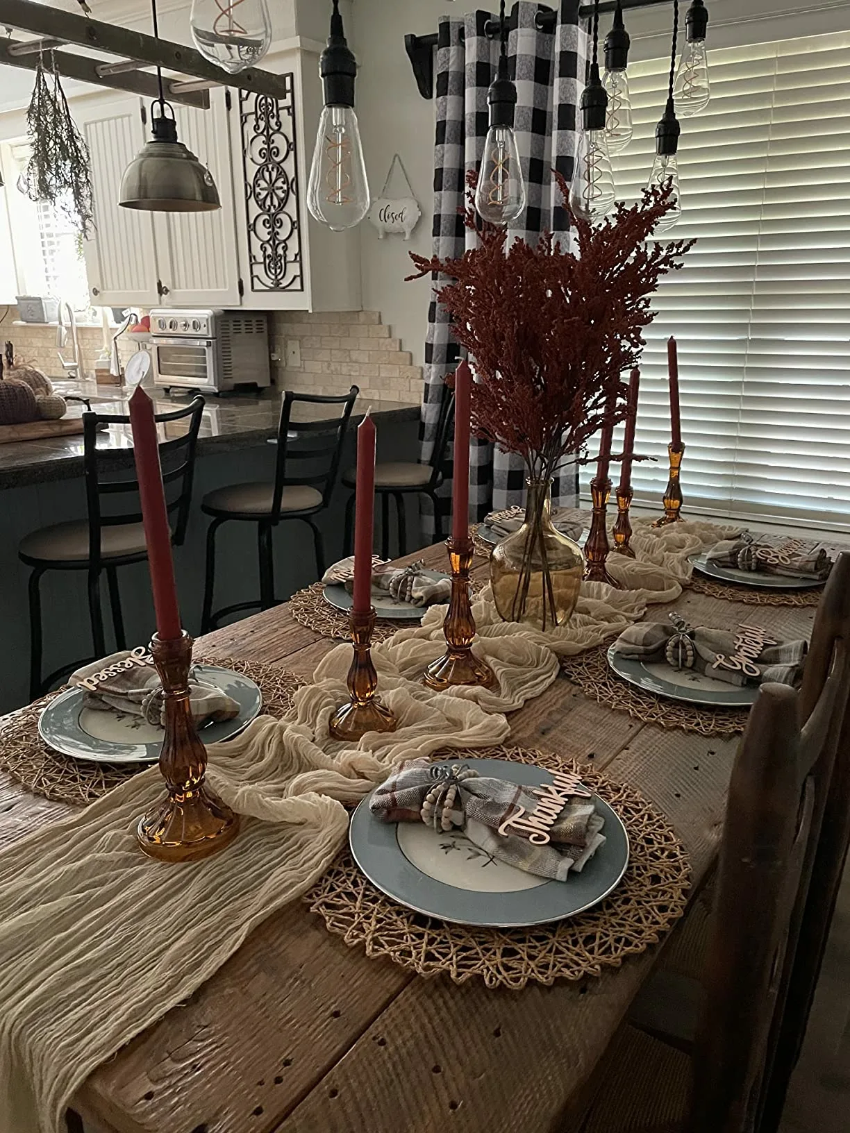White Tablerunner Cheesecloth Red Candlesticks Clear Glass Flower Vase Wooden Table Angleview Kitchen Dining Table