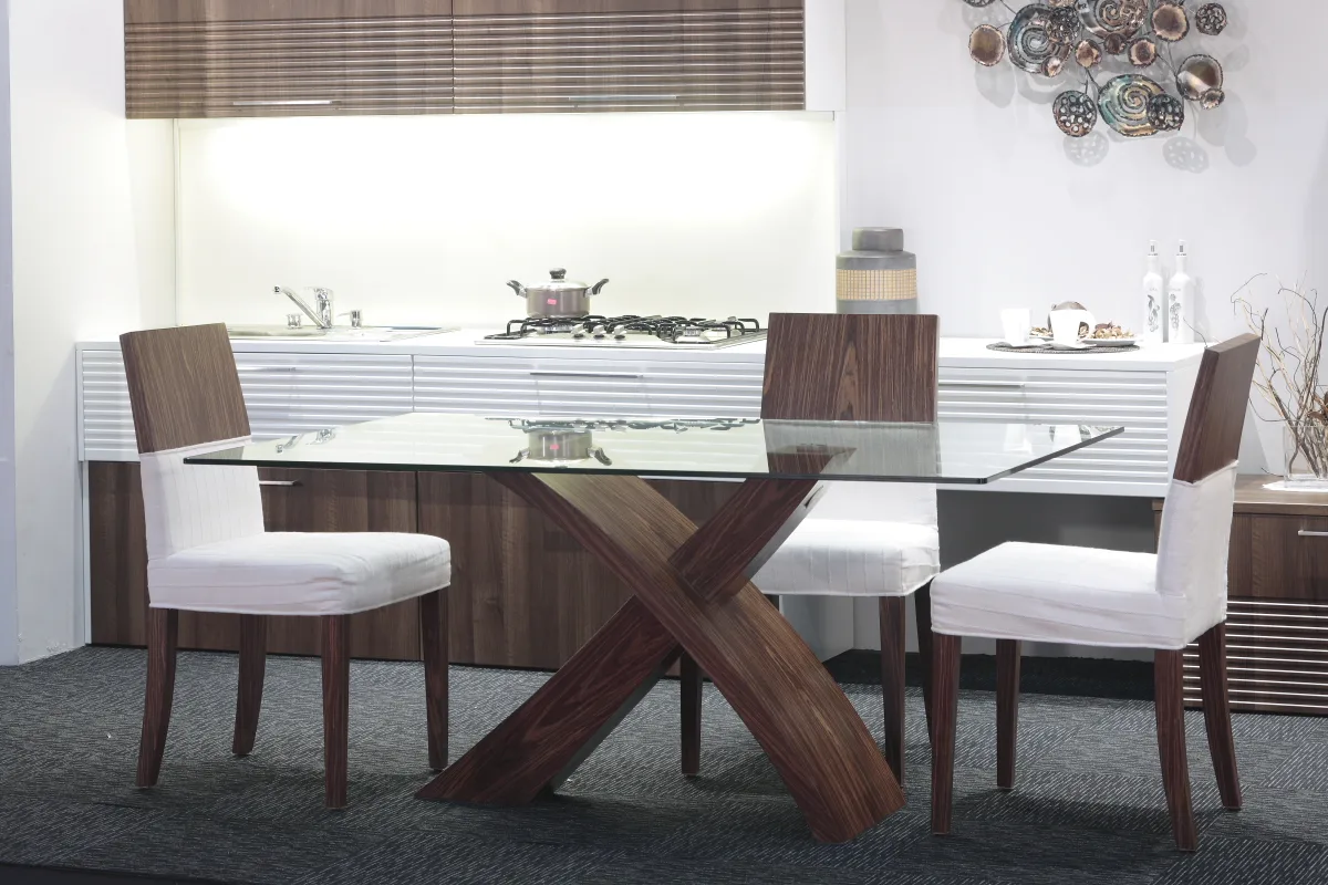Contemporary Dining Table Ideas With Glass Top And Oak Leg Surrounded By Stylish Chairs
