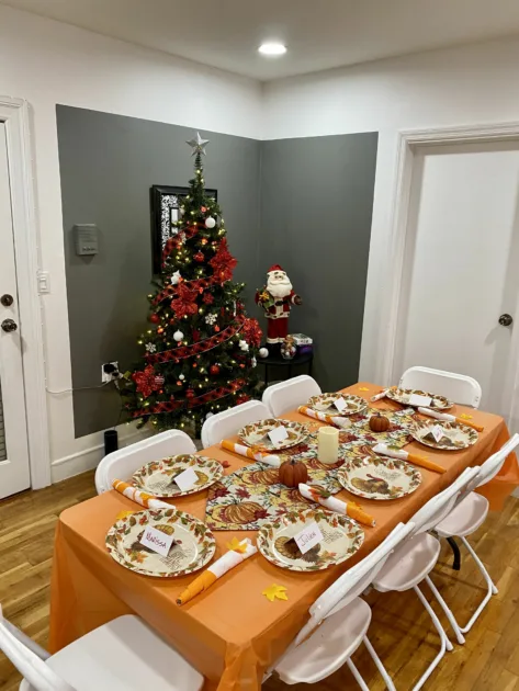 Folding Dinner Tables Orange Tablecloth With Christmas Tree