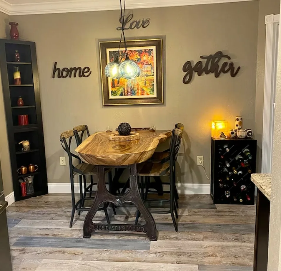 Industrial Dinner Table With Metal Steel Base And Rounded Wood Top