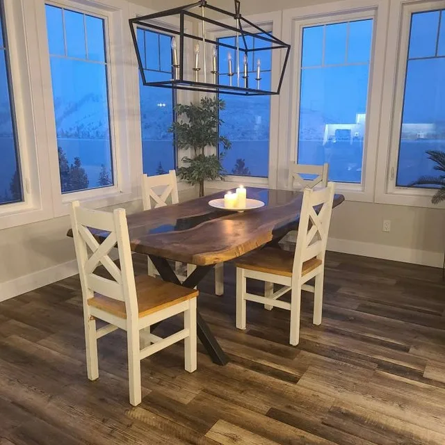 Industrial Dinning Table Wood Top With Metal Cross Legs And White Wood Chairs