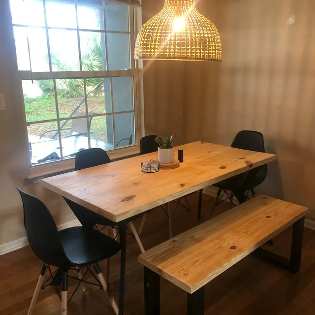 Industrial Dinning Table Wood Top With Metal Legs And Matching Bench