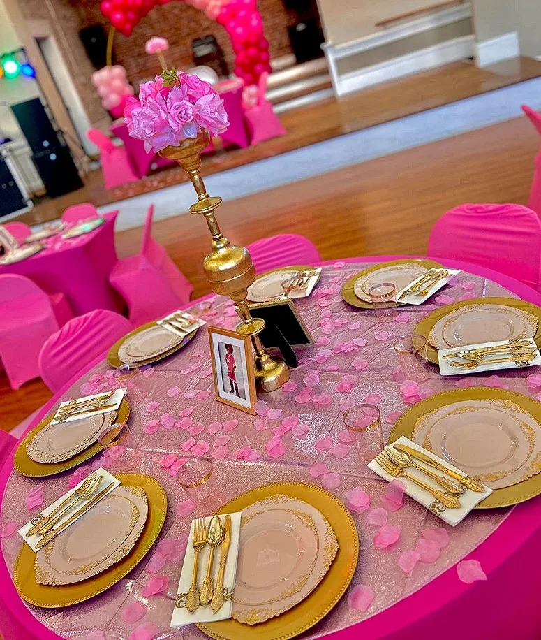 Pink Dining Tables Round Event Hall Tablecloths
