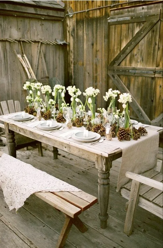 Farmhouse Dinner Table Barn Plate Setting With Pines And Flowers Table Runner