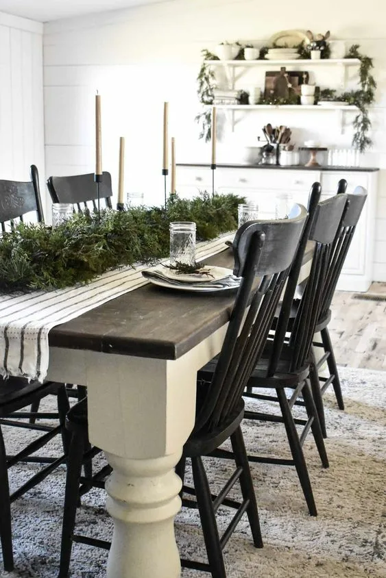 Farmhouse Dinner Table Black Top And White Painted Legs With Moss Table Runner