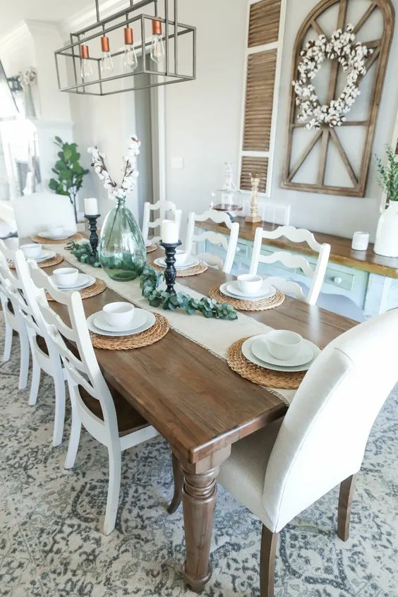 Farmhouse Dinner Table Brown Elegant Wood Table And Cusioned Seats