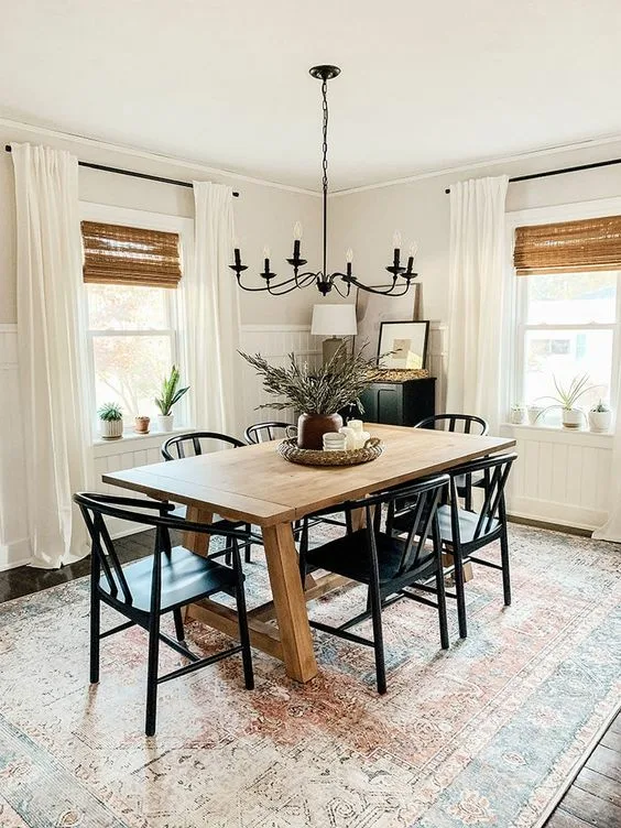 Farmhouse Dinner Table Classic Look With Black Chairs And Chandelier