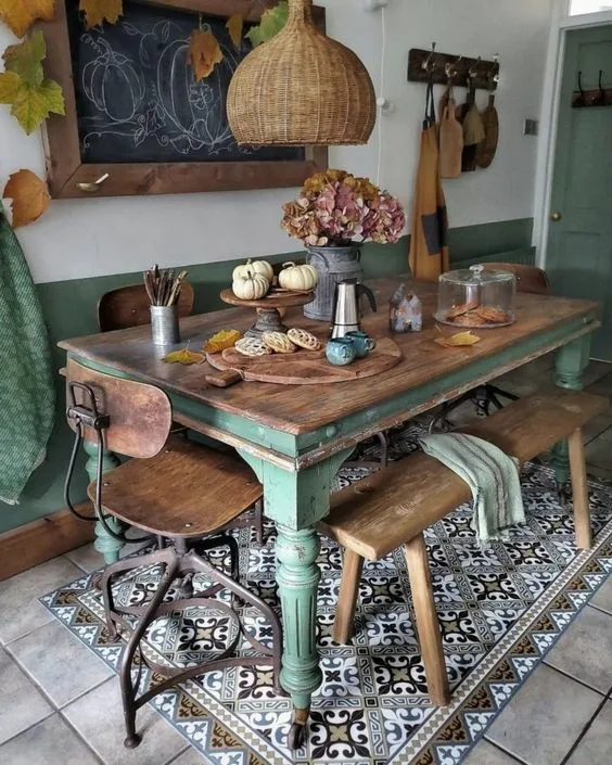 Farmhouse Dinner Table Rustic Tables And Chairs With Metal Vase And Floral