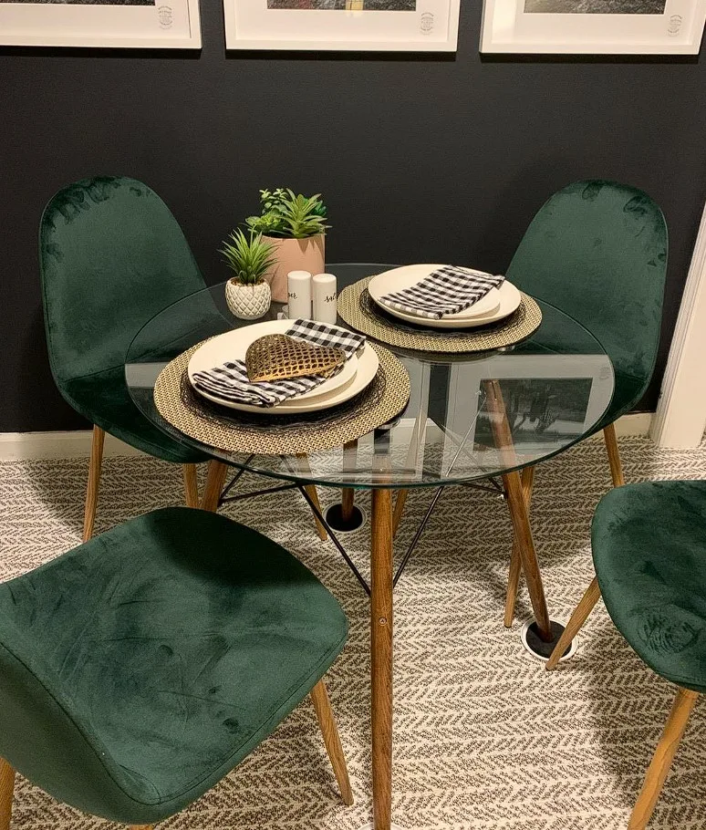 Glass Top Dining Table Round With Wooden Pin Legs And Velvet Chairs