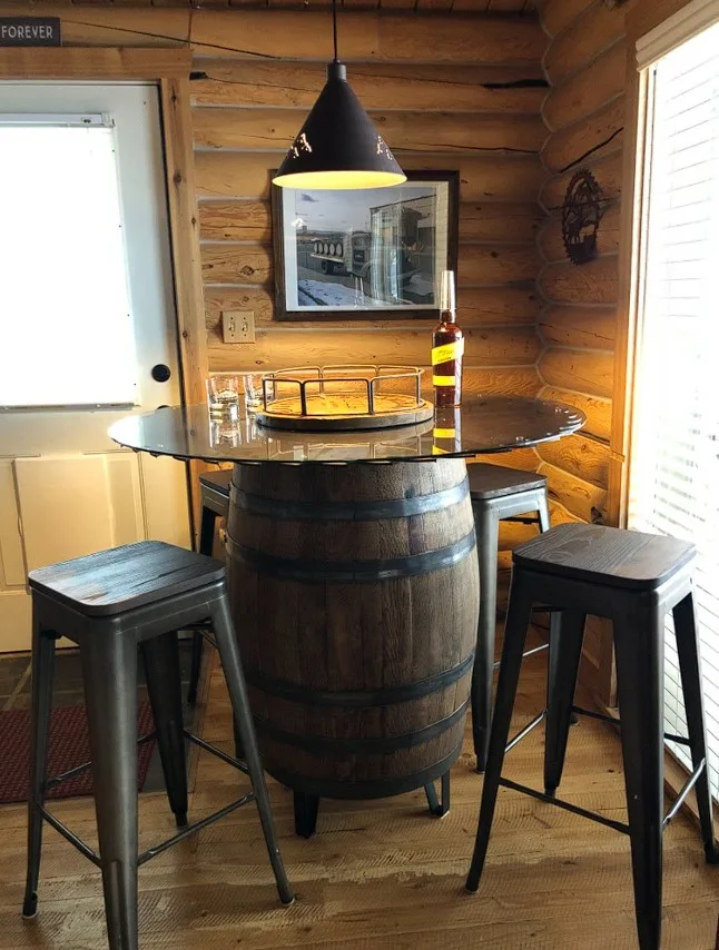 Glass Top Dining Table Rustic Barrel Base And High Top Chairs