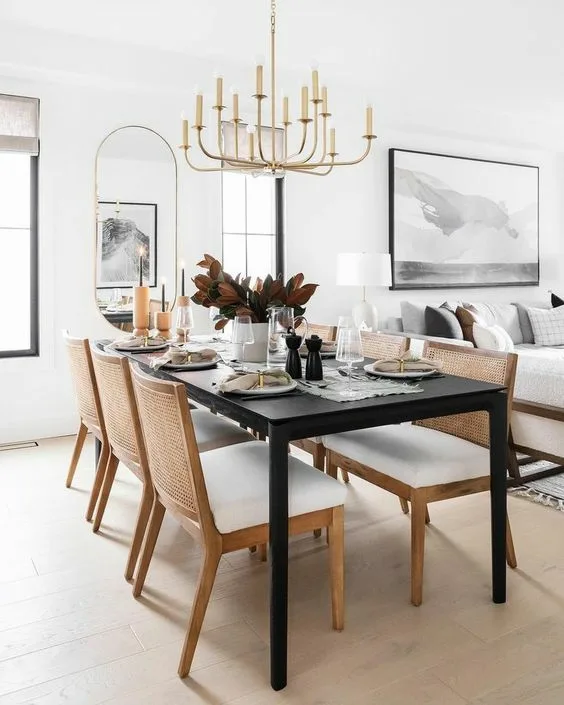 Modern Dinner Tables Black Wood Classic Table And Gold Metal Chandelier