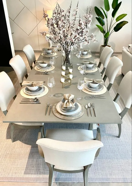 Modern Dinner Tables Gray Wood Table And Cusioned Seats