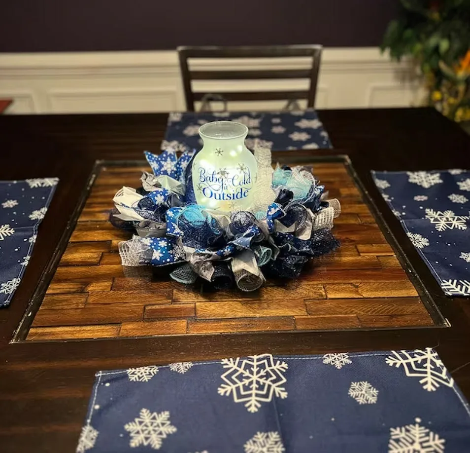 New Year’s Eve Party Table Decor Ideas Blue Snow Themed Placemats And Votive Candle Holder