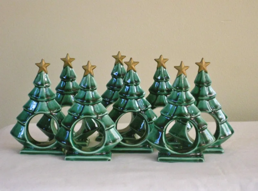 Eight Vintage Ceramic Christmas Tree Napkin Rings