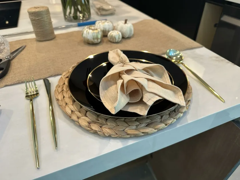 Brown Chargerplate Woven Rattan Jute Napkins Jute Tablerunner Closeup Angle View Organic Table Decor