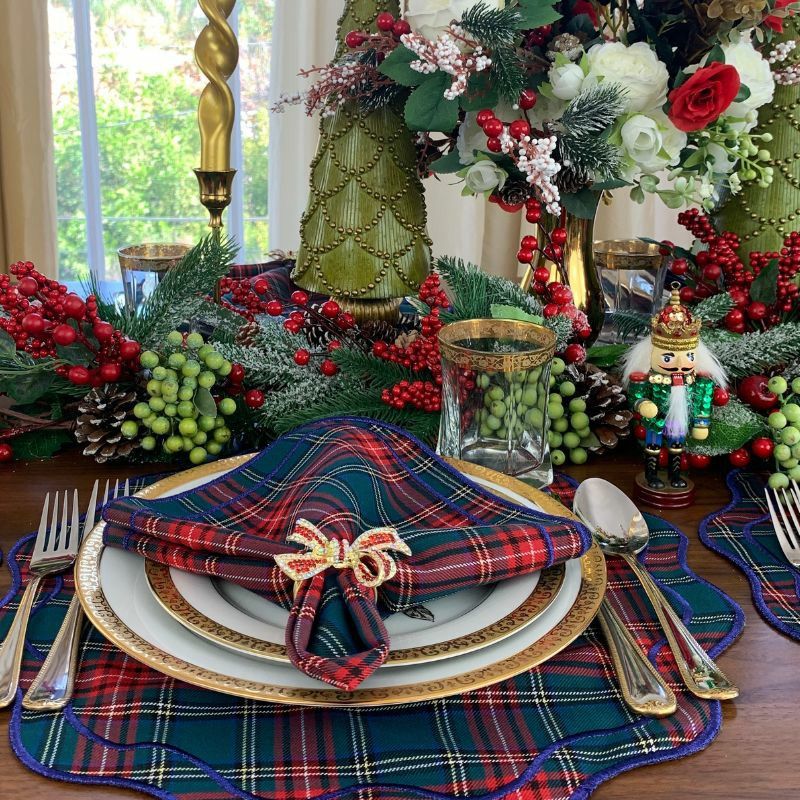 Christmas Table Decoration Grapes And Berries And Checkered Table Napkin
