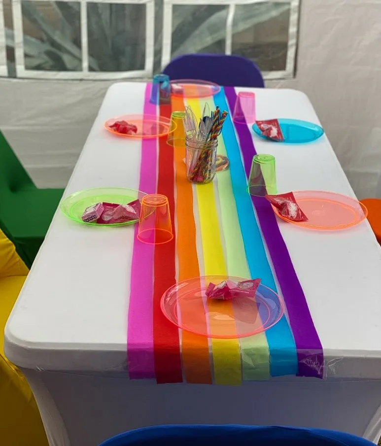 Dinner Party Tablescape Ideas Clear Colored Plates With Multi Colored Table Runner