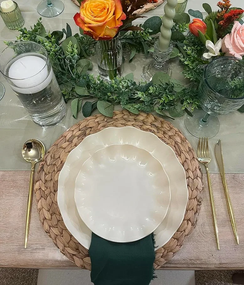 Dinner Party Tablescape Ideas White Plates And Rattan Weaved Placemat