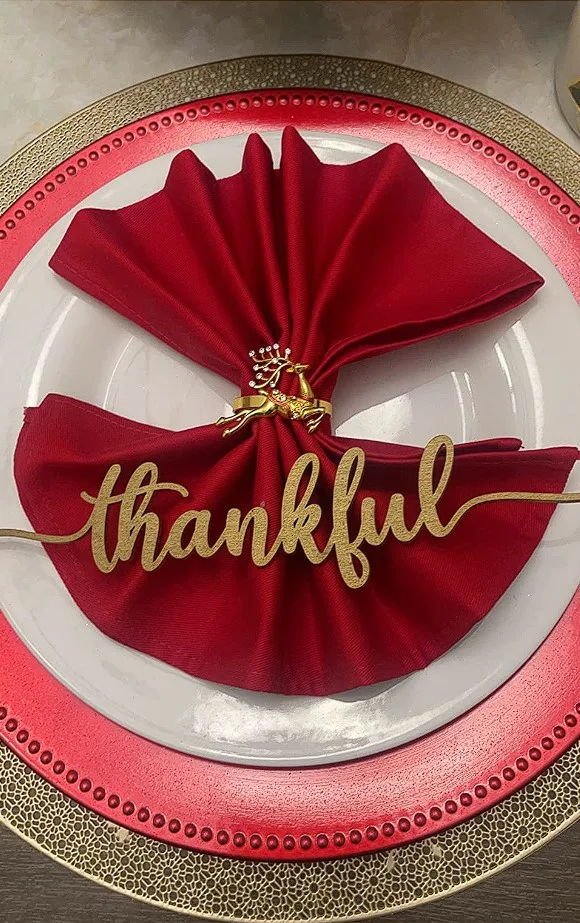 Gold Christmas Table Decor Greeting Lettering Accent And Gold Napkin Ring