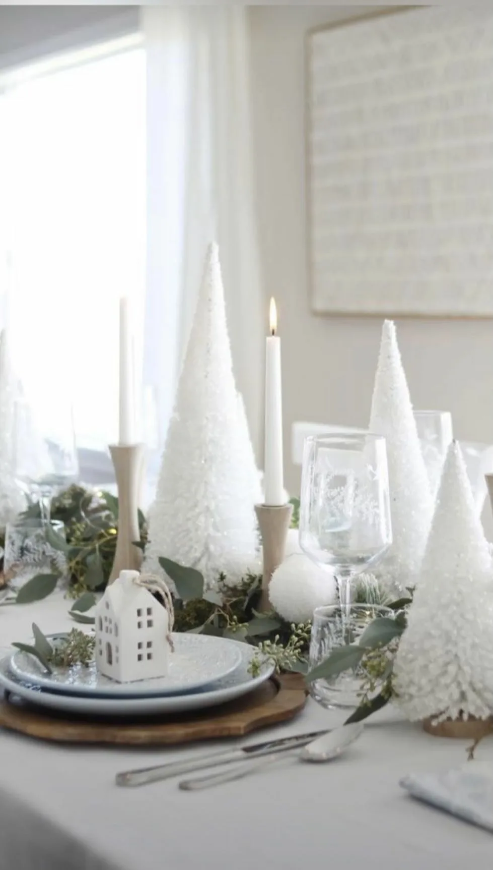 Winter Dinner Table Decorations White Snow Covered Trees Centerpiece