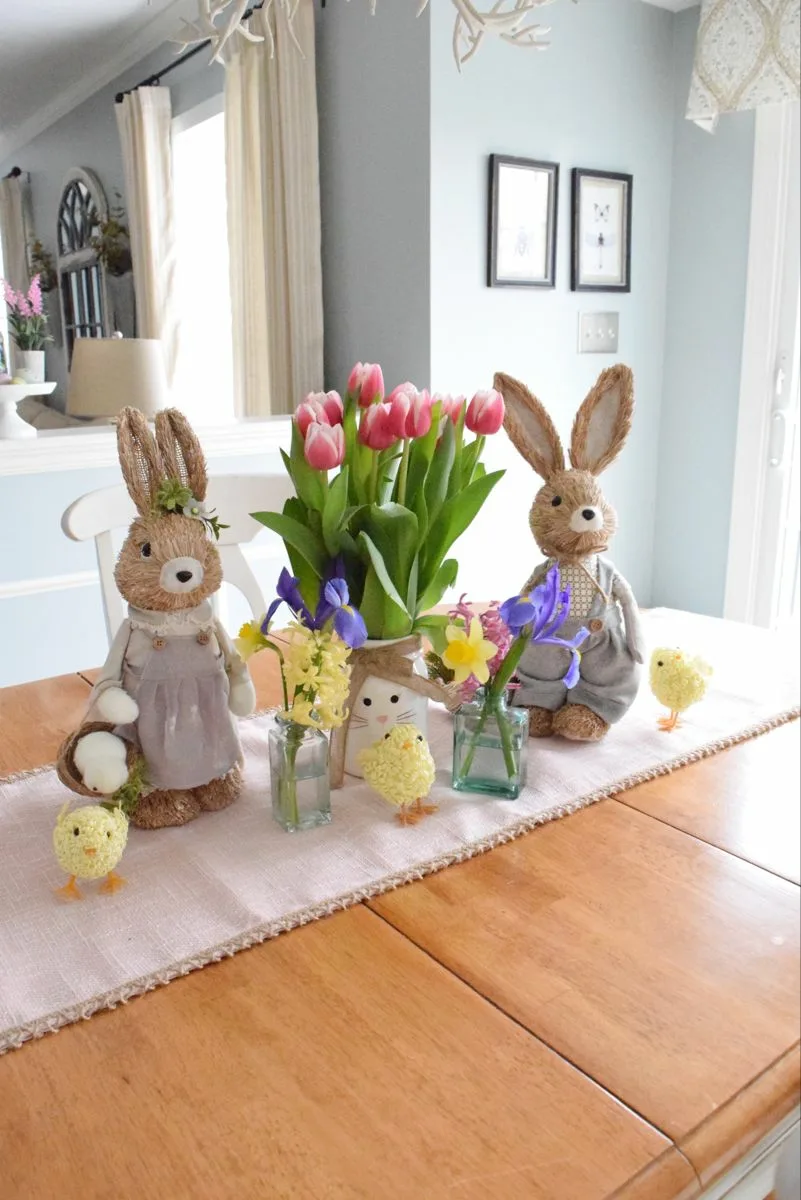 Easter Table Decor Flower Centerpiece And Easter Bunny Dolls