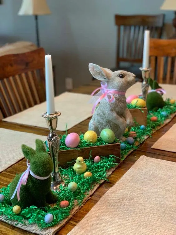 Easter Table Decor Grass And Jute Table Runner And Metal Candle Holder