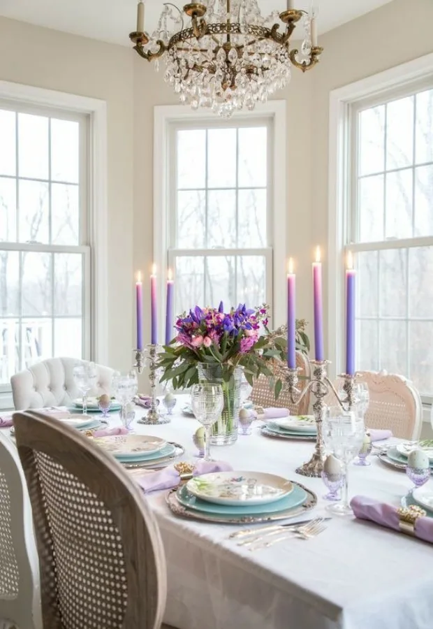 Easter Table Decor Purple Taper Candles Indoor Table Setting With Floral Centerpiece