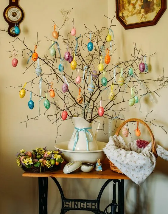 Easter Table Decor Tree Branch With Hanging Easter Eggs Inside A Ceramic White Vase