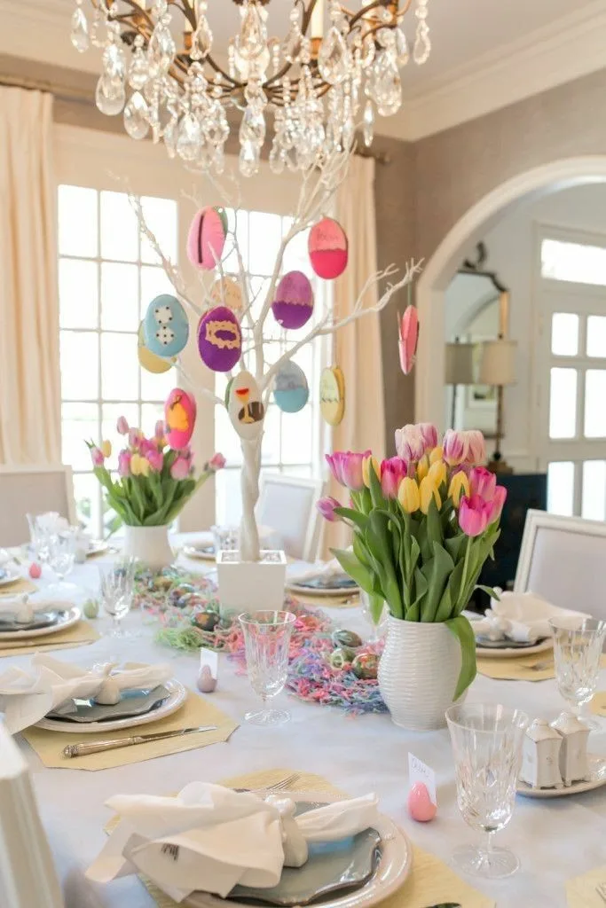 Easter Table Decor Tree Branch With Hanging Easter Eggs Table Setting
