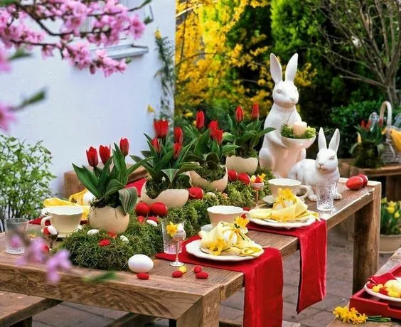 Easter Table Decor Wood Table Plant Centerpiece And Large Bunny Figurine Outdoor