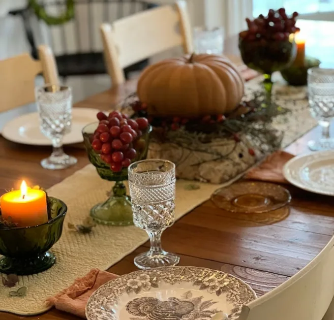 Italian Tablescape Ideas Wood Top Table With Vintage Wine Glass And Glass Candle Holder